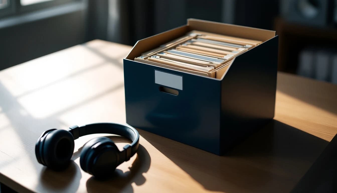 Labeled document folders in an archive box beside a pair of headphones