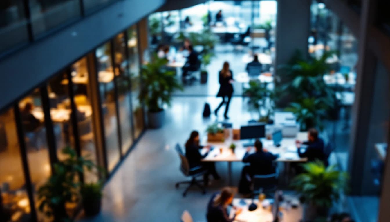 A professional office floor seen from a high corner, people working at a distance