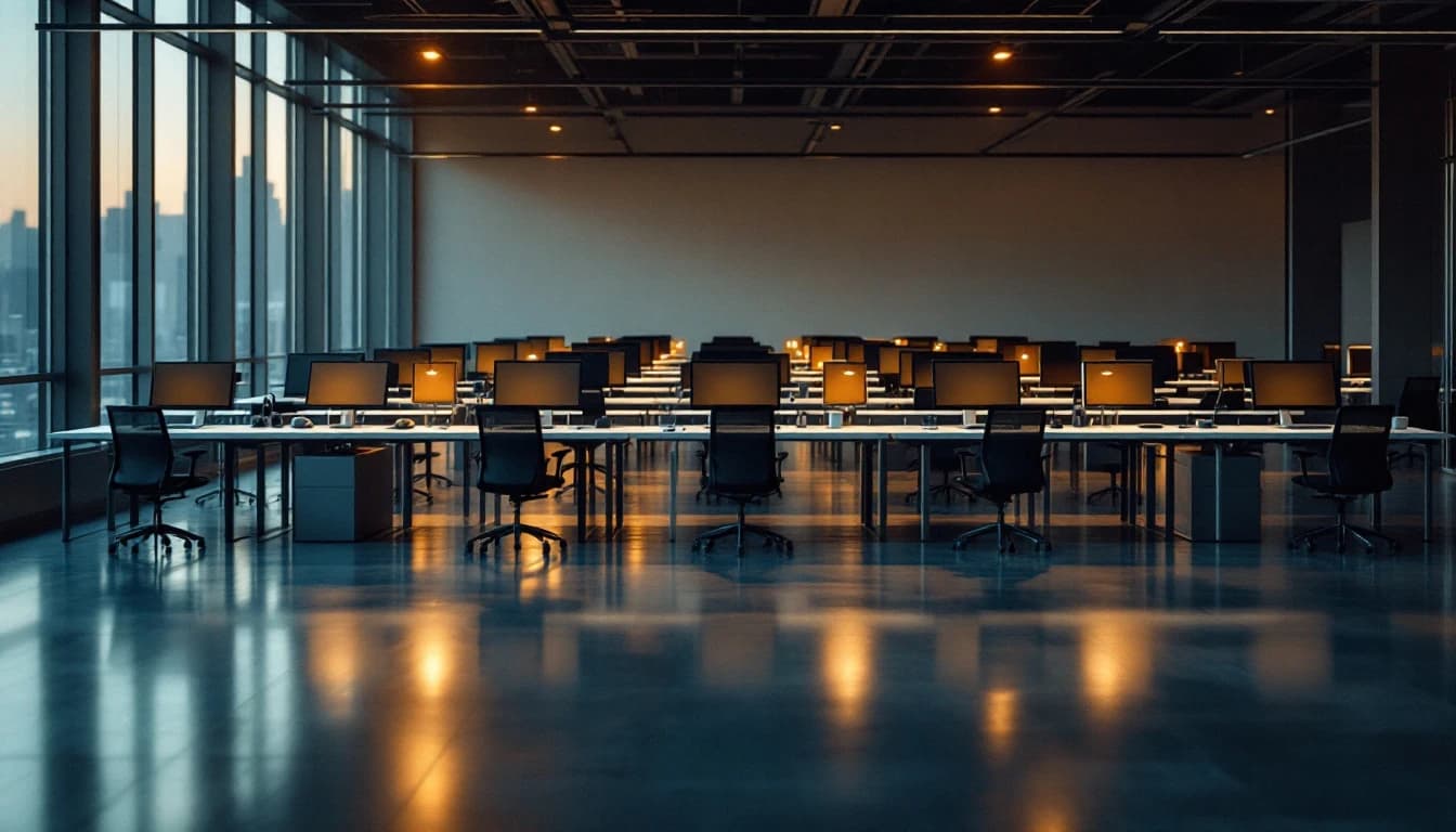 An empty collections floor at the start of a shift, headsets resting on tidy desks
