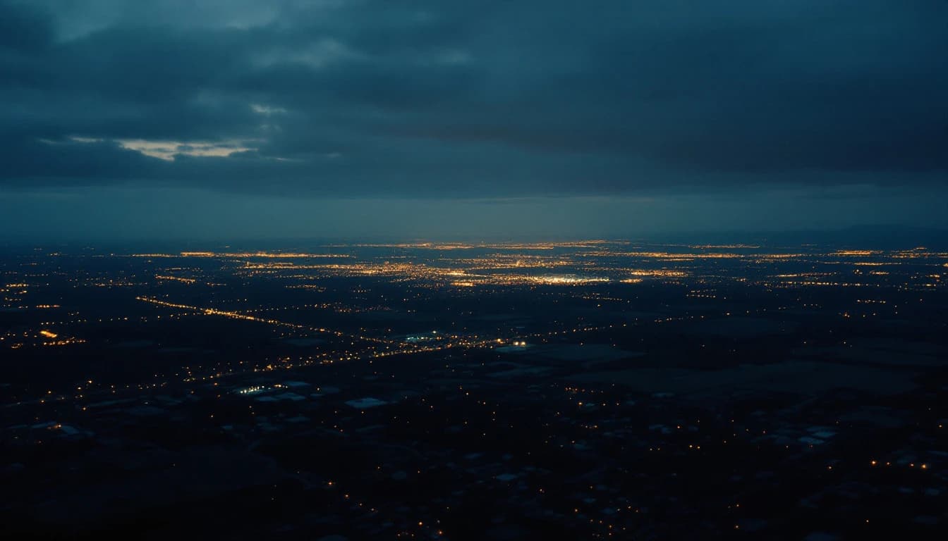 A wide American landscape at dusk with scattered city lights to the horizon